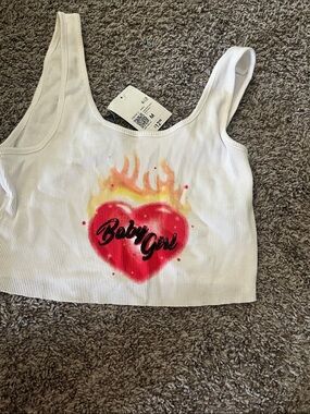 Forever 21 White Ribbed Crop Tank with Red Heart & Yellow Flames